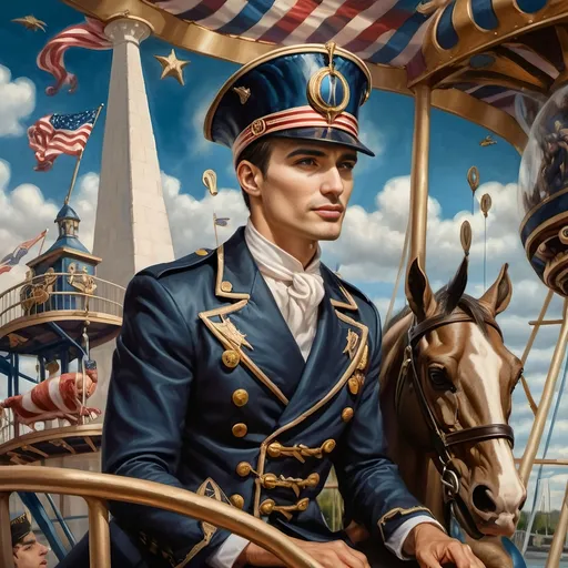 Prompt: (Acrylic painting of a magician man), wearing a (patriotic top hat), joyfully riding a (whimsical rollercoaster) in Liberty Park, with (HD details), vibrant colors, and enchanting motifs. The scene features the (Washington Monument) in the background, as well as the phrase (accurately spelled text "Yankee Doodle"). An aura of celebration and magic surrounds the image, honoring Nuit and the Aeon of Horus.