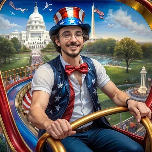 Prompt: (A Seven Wonders Art Glass Studio masterpiece) painting of a man wearing a patriotic hat, (thrilling pose) riding the Freedom rollercoaster, (vibrant colors), scenic background of Freedom Park in D.C., (dynamic movement), celebrating freedom, eternal spark of joy, whimsical ambiance, soft warm lighting, highly detailed, clarity, engaging and joyful atmosphere, surrounded by delighted visitors, landmarks in the distance.