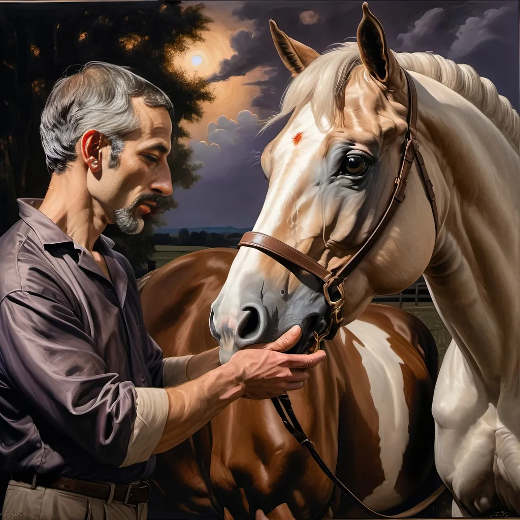 Prompt: (Honoring Nuit), highly detailed (oil painting), thoroughbred horse (majestic posture) on a Kentucky farm, stunning evening dusk lighting, soft illuminated clouds, warm hues of orange and purple blending over fields, rich textures of horse's coat, serene rural landscape (tranquil atmosphere), lush greenery in the background, ultra-detailed, artistic masterpiece showcasing equine beauty at sunset.