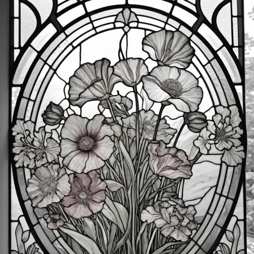 Prompt: A Seven Wonders Art Glass Studio Art Nouveau designed stained glass window with poppy flowers and a line drawing of flowers in the middle, Alfonse Mucha, art nouveau, line art, lineart.  (Honoring the Aeon of Horus).