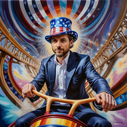 Prompt: A Seven Wonders Art Glass Studio masterpiece painting of a man in a patriotic hat riding Freedom rollercoaster in D. C.’s new amusement park named Freedom Park.  Honoring Nuit.