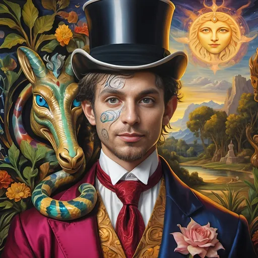 Prompt: (Renaissance portrait masterpiece), a whimsical (@magician) satyr, surrounded by mystique serpent transformation elements, honoring (@Horus) and (@Nuit). Vivid glass art techniques, intricate details, baroque elements, serene Arcadian landscape in the background, rich vibrant colors, warm golden tones, dramatic lighting, ethereal atmosphere that reflects a fusion of mythology and artistry, ultra-detailed HD quality.