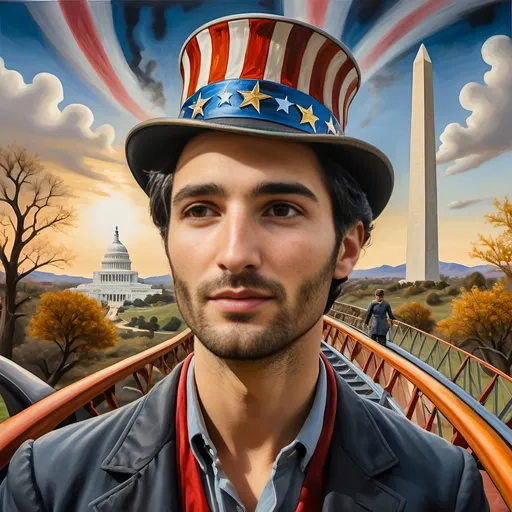 Prompt: (Acrylic painting of a magician man), wearing a (patriotic top hat), joyfully riding a (whimsical rollercoaster) in Liberty Park, with (HD details), vibrant colors, and enchanting motifs. The scene features the (Washington Monument) in the background, as well as the phrase (accurately spelled text "Yankee Doodle"). An aura of celebration and magic surrounds the image, honoring Nuit and the Aeon of Horus.