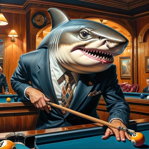 Prompt: a shark in a suit playing pool with a pool cueil and a pool ball in front of him, F. Scott Hess, pop surrealism, classical painting, a fine art painting