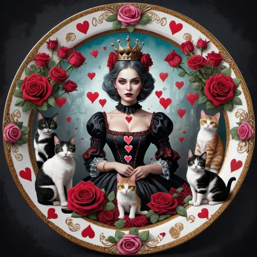 Prompt: (queen of hearts), surrounded by (cats), roses delicately arranged on a plate with a (cat atop), (gothic art), whimsical yet mysterious ambiance, lush and vibrant colors, dramatic lighting creating high contrast, (ultradetailed digital painting), intricate textures, fantastical elements, ornate patterns, immersive composition, (high-quality masterpiece).