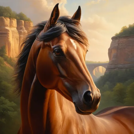 Prompt: (Honoring Nuit), (detailed oil painting), majestic stallion horse, awe-inspiring landscape of Eastern Kentucky, lush forest covered mountains, iconic Natural Bridge, vibrant greens of heavy trees and dense vegetation, ethereal twilight sky, serene atmosphere, high depth cinematic beauty, ultra-detailed, rich color tones, captures the essence of nature and glory of the stallion.