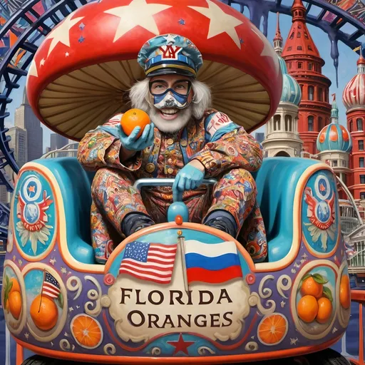 Prompt: (accurately spelled text "Yankee Doodler"), (psychedelic style), (vibrant color scheme), vibrant paint splashes, detailed painting, surreal theme, Russian individual holding a Florida orange symbolizing Republican endorsement, bold patterns, roller coaster car, American flag waving dramatically, Washington D.C. skyline in the background, whimsical elements, bright and vivid colors, intricate details, high-quality image, ultra-detailed.