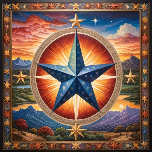 Prompt: (detailed oil painting) a radiant star at the center, surrounded by intricate representations of Texas landscapes and iconic state symbols, harmoniously integrated into a map design, (Evelyn De Morgan inspired) vivid colors, rich textures, highly detailed, showcasing regionalism, capturing the essence of Texas, artful composition, historical richness, and cultural significance, ultra-detailed, vibrant hues, breathtaking atmospheres.