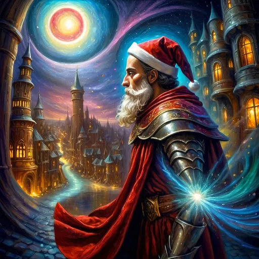 Prompt: (Edgy) oil painting of a knight dressed as Santa Claus (in honor of Nuit), dynamic vibrant colors, dark city background illuminated by a glowing light, flowing red cape, whimsical and surrealistic vibe, imaginative playfulness, influences of Ernest William Christmas, epic fantasy character art, vibrant psychedelic style, ultra-detailed texture, concept art composition, high-quality masterpiece, artistic themes of juxtaposition, drama, and enchantment.