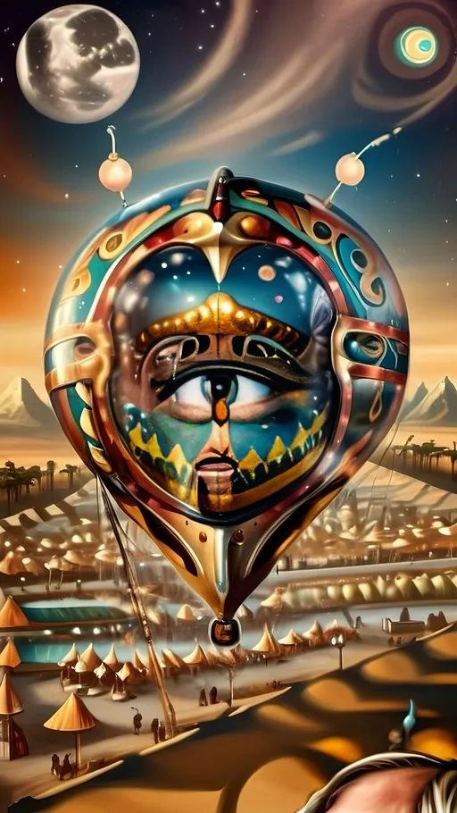 Prompt: (masterpiece oil painting) “7 Wonders Art Glass Studio” hot air balloon, adorned with a striking painting of a vibrant snake, soaring against a celestial sky filled with shimmering stars and planets, honoring (ancient deities Nuit and Horus), framed by the iconic Great Pyramids, symbolically celebrating Thoth. Rich, vivid colors, dynamic brush strokes, high-detail elegance for a compelling visual narrative. 