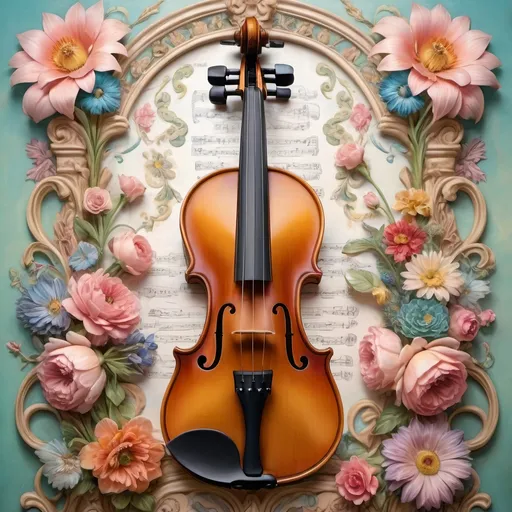 Prompt: (violin), (Renaissance art style), (anatomically correct), (pastel color scheme), elaborate details on the violin's back, vibrant floral arrangement in the background, inspired by Ernst Haeckel and Flemish Baroque, folk art influence, expressive and whimsical, high detail, soft lighting, serene ambiance, visually captivating.