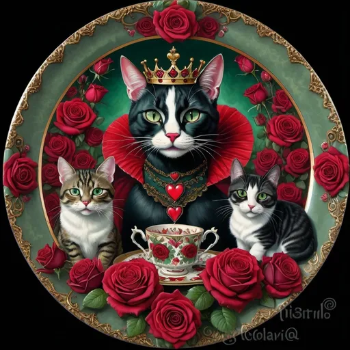 Prompt: (gothic painting of the Queen of Hearts), surrounded by whimsical (cats), a stunning array of (roses), roses elegantly arranged on a decorative plate with a (cat nestled on top), rich red and deep green hues, intricate details throughout, (ultra-detailed) artwork, highly imaginative and vibrant, (digital painting), by Craola, moody and enchanting ambiance, vivid artistry.