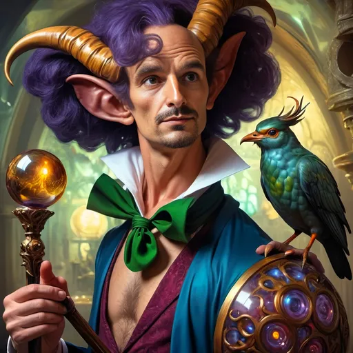 Prompt: (A fine art oil painting) by Seven Wonders Art Glass Studio, (magician man) with a (horned head), (bird on his shoulder), holding a cane and a glowing ball, inspired by Clint Cearley, (fantasy art), rich colors, intricate details, dramatic lighting, mystical atmosphere, character portrait emphasizing the essence of Pan and Nuit, ultra-detailed, vibrant background reflecting magical elements, imaginative and enchanting setting.