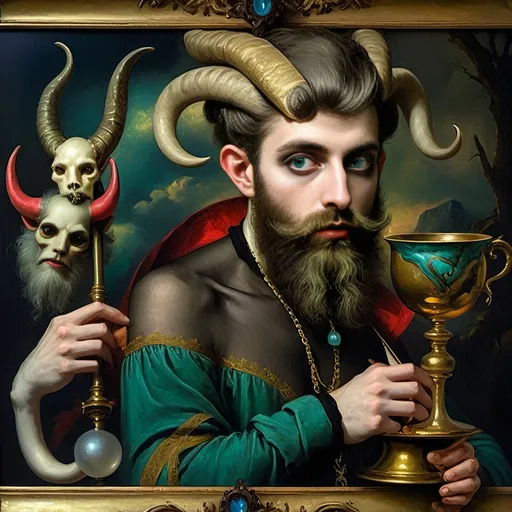 Prompt: (oil painting) Honoring Nuit, a man with a (wisdom-filled beard) holding a harp and a (rich) cup of wine, next to a (gilded golden cup), Ditlev Blunck's artisanal touch, (neoclassical elegance) with (Flemish Baroque influences). The atmosphere reflects reverence and beauty, drenched in (warm, golden tones), evoking the essence of a (divine encounter) that captures a mortal honoring the God Pan. Ultra-detailed, quintessential classical painting.