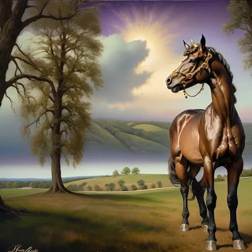 Prompt: (Honoring Nuit), highly detailed oil painting, thoroughbred horse, elegant posture, lush Kentucky farm, evening dusk setting, warm and vibrant hues, soft golden light reflecting off the horse’s coat, scenic rolling hills in the background, tranquil ambiance, serene atmosphere, ultra-detailed, masterpiece quality, evocative emotional tone, captivating and luminous sky blending soft pinks and deep purples, harmonious nature scene.