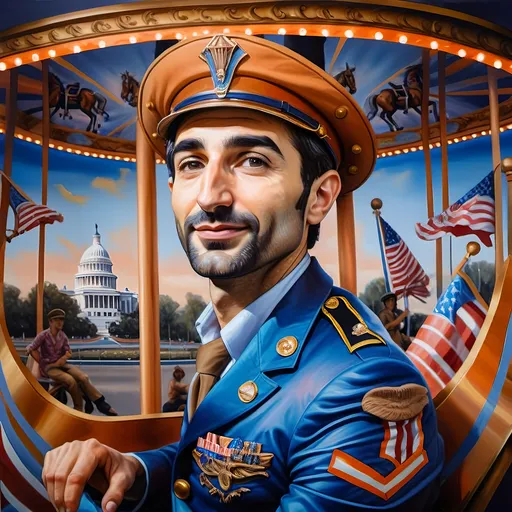 Prompt: (A masterpiece oil painting) of a man in (military uniform), riding the (Carousel of Heroes), vibrant colors highlighting the ornate design of the carousel. The scene is filled with a (nostalgic atmosphere), paying homage to (veterans and active military). Whispering elements of (honor) and (courage) are present, with artistic flourishes emphasizing the essence of (Nuit). The overall feel is (dramatic) and uplifting, portraying both valor and beauty in high definition.