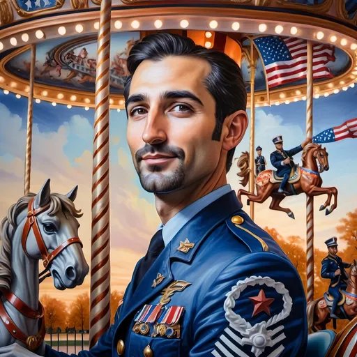 Prompt: (A masterpiece oil painting) of a man in (military uniform), riding the (Carousel of Heroes), vibrant colors highlighting the ornate design of the carousel. The scene is filled with a (nostalgic atmosphere), paying homage to (veterans and active military). Whispering elements of (honor) and (courage) are present, with artistic flourishes emphasizing the essence of (Nuit). The overall feel is (dramatic) and uplifting, portraying both valor and beauty in high definition.