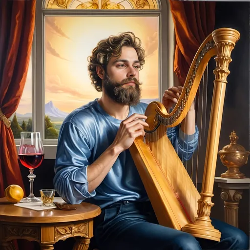 Prompt: (Seven Wonders Art Glass Studio), oil painting, (honoring Nuit), a man with a beard, holding a harp, glass of wine, golden cup beside him, (Ditlev Blunck), neoclassicism, classical painting, Flemish Baroque style, high detail, rich colors, warm glowing light, serene atmosphere, capturing tradition and reverence, elegant background with ethereal elements, ultra-detailed composition, masterful artistry.