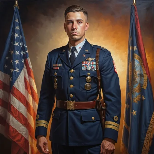 Prompt: (painting of a man in uniform), (full body portrait), (Adrian Zingg style), (American realism), vibrant colors blending seamlessly, flags of diverse heritage draping the backdrop, a strong yet thoughtful expression, the atmosphere radiating pride and unity, intricate details capturing the essence of the uniforms, enhancing emotional depth, softly illuminated with warm lighting, ultra-detailed 4K quality.