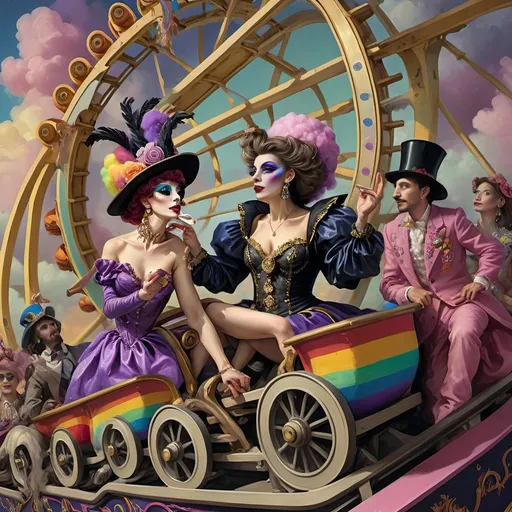 Prompt: (honoring nuit), a mesmerizing painting of colorful drag queens exuding joy and fabulousness while riding a roller coaster, vibrant (rainbow) painted on the side, a whimsical ferris wheel creating a festive atmosphere in the background, whimsical cotton candy clouds, (dynamic movement), warm pastel colors enhancing the lively scene, ultra-detailed, high-quality artwork capturing a celebratory ambiance.