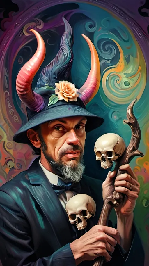 Prompt: (vibrant psychedelic art style), (man magician satyr), (horns), holding a (skull), (crow perched on his shoulder), elegant pose, stylized cane topped with a (skull orb), soft pastel colors, trippy patterns and shapes swirling in the background, surreal atmosphere, high depth and details, (whimsical) mood, capturing a spellbinding and mystical essence, (ultra-detailed) palette and texture.