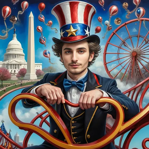 Prompt: (Acrylic painting of a magician man), wearing a (patriotic top hat), joyfully riding a (whimsical rollercoaster) in Liberty Park, with (HD details), vibrant colors, and enchanting motifs. The scene features the (Washington Monument) in the background, as well as the phrase (accurately spelled text "Yankee Doodle"). An aura of celebration and magic surrounds the image, honoring Nuit and the Aeon of Horus.