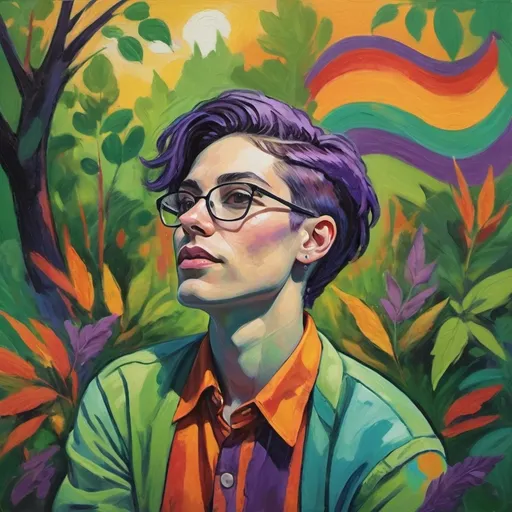 Prompt: Fauvist-style portrait, (genderqueer activist), vibrant colors, dynamic energy, expressive brush strokes, warm and cool contrasts, nature elements, bold and rich hues, advocating for environmental causes, surrounded by greenery, lively background, capturing passion and commitment, celebrating activism, modern art feel, ultra-detailed, high definition.