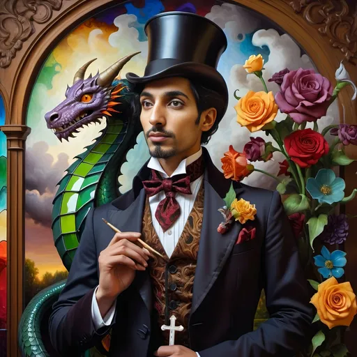 Prompt: (exciting misc-macabre painting), intricate depiction of a magician man  with striking expression, a (dark, ornate dragon) resting on her shoulder, (heavy porcelain and stained glass) accents, a prominent (cross) adorned on her chest, vibrant yet dark floral backdrop, (ominous sky heavy with clouds), rich textured colors, deep shadows, vivid reds, and haunting greens, (4K ultra-detailed) visual masterpiece, captivating atmosphere filled with intrigue and elegance.