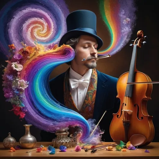 Prompt: (Hearing in Color), art deco style, vibrant color scheme, (complex rainbow swirl) background, painting of a man playing violin, intricate items surrounding him, (renaissance still life) elements, (music flowing as a rainbow), dynamic movement, mixing visual art with sound, hyper-detailed, rich textures, cinematic ambiance, enchanting atmosphere, (4K ultra-detailed quality), colorful symphony of sight and sound.