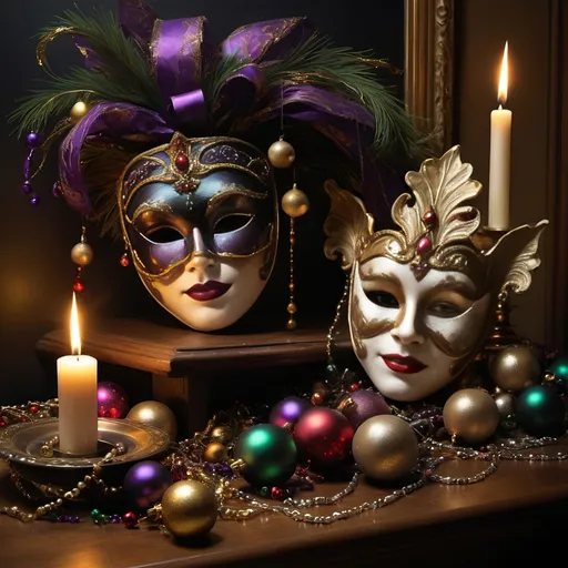 Prompt: (Marci Gras Christmas), (masks), (Ernest William Christmas), dramatic lighting, flickering candles casting a warm glow, rich textures reminiscent of the Renaissance, deep, moody shadows, ultra-detailed, high-quality brushwork, evocative use of chiaroscuro, intricate details that capture festive emotions, masterful mixing of vibrant and muted tones, visual narrative celebrating the holiday spirit in exquisite fine art style.