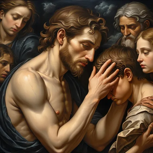 Prompt: Renaissance oil mural (The Creation), (dark color scheme), up-close still life of Adam, face cracking like broken porcelain, intricate details, God in the scene, emotional farewell, Adam saying goodbye, spirits set free, dramatic lighting, atmospheric ambiance, textured brush strokes, high depth, captivating composition, masterful artistry, HD.