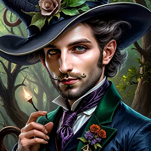 Prompt: (honoring Nuit), captivating handsome man magician with an elegant beard, wearing a pointed witch hat, (renaissance baroque painting style), facial features highlighted in detail, dark mystical background that enhances the allure, rich deep colors creating dramatic contrast, elements of Halloween celebration subtly interwoven, inviting an atmosphere of enchantment and mystery, ultra-detailed, a captivating masterpiece.