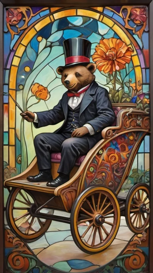 Prompt: Art nouveau painting of a (magician riding a cart shaped like a cub bear), vibrant color scheme, (hallucinogenic swirls) and (patterns), whimsical amusement park ambiance, (constructed from stained glass and porcelain), richly detailed textures, (dreamlike atmosphere), enchanting backdrop filled with colorful attractions, captivating light play, ultra-detailed, imaginative masterpiece.