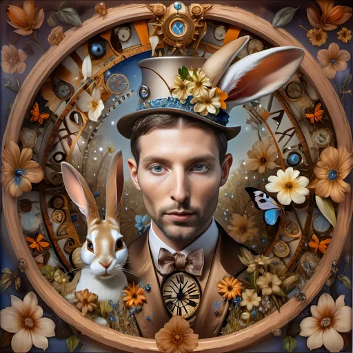 Prompt: A Seven Wonders Art Glass Studio Renaissance portrait of a magical rabbit in Arcadia, a wonderland honoring Nuit.  Magical with a clock in its lapel is shown in  art, whimsical, a fine art painting