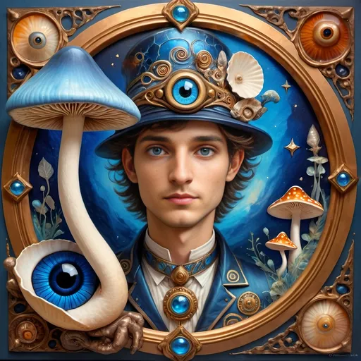 Prompt: (7 Wonders Art Glass Studio masterpiece), oil painting, (honoring Nuit), magical mushroom, (vibrant blue shell), (striking blue eye), Eye of Horus, rich textures, dreamy atmosphere, whimsical background, stars and cosmic elements, (ethereal lighting), enchanting details, high-quality, ultra-detailed composition, surreal and imaginative style.