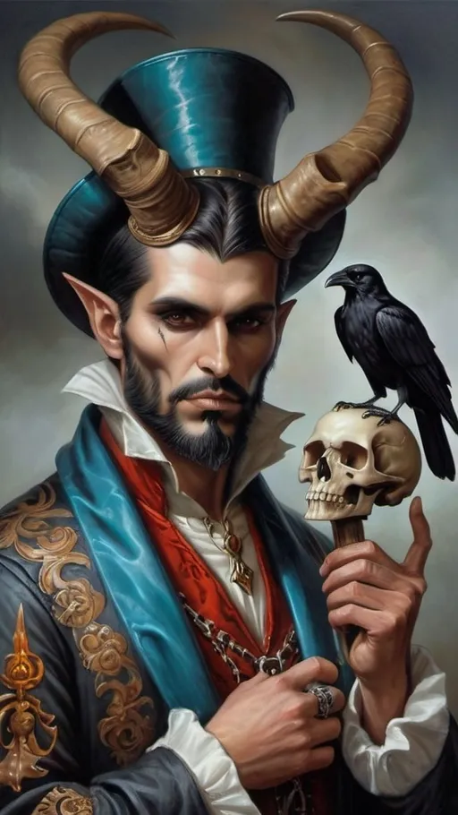 Prompt: a man with a skull and a horned head holding a skull and a crow on his shoulder and a skull in his hand, Anne Stokes, gothic art, dark fantasy art, a fine art painting