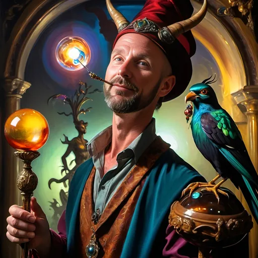 Prompt: (A fine art oil painting) by Seven Wonders Art Glass Studio, (magician man) with a (horned head), (bird on his shoulder), holding a cane and a glowing ball, inspired by Clint Cearley, (fantasy art), rich colors, intricate details, dramatic lighting, mystical atmosphere, character portrait emphasizing the essence of Pan and Nuit, ultra-detailed, vibrant background reflecting magical elements, imaginative and enchanting setting.