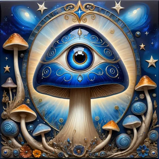 Prompt: (7 Wonders Art Glass Studio masterpiece), oil painting, (honoring Nuit), magical mushroom, (vibrant blue shell), (striking blue eye), Eye of Horus, rich textures, dreamy atmosphere, whimsical background, stars and cosmic elements, (ethereal lighting), enchanting details, high-quality, ultra-detailed composition, surreal and imaginative style.