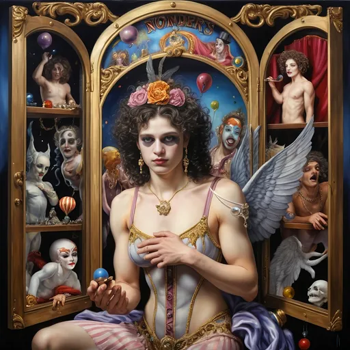 Prompt: A Seven Wonders Art Glass Studio oil masterpiece painting honoring Nuit.  Pandora’s Magical Music Box of carnival and circus freaks.  highly detailed oil painting, an ultrafine detailed painting