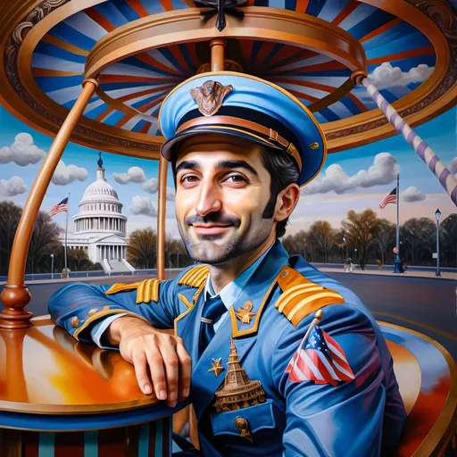 Prompt: (A masterpiece oil painting) of a man in (military uniform), riding the (Carousel of Heroes), vibrant colors highlighting the ornate design of the carousel. The scene is filled with a (nostalgic atmosphere), paying homage to (veterans and active military). Whispering elements of (honor) and (courage) are present, with artistic flourishes emphasizing the essence of (Nuit). The overall feel is (dramatic) and uplifting, portraying both valor and beauty in high definition.