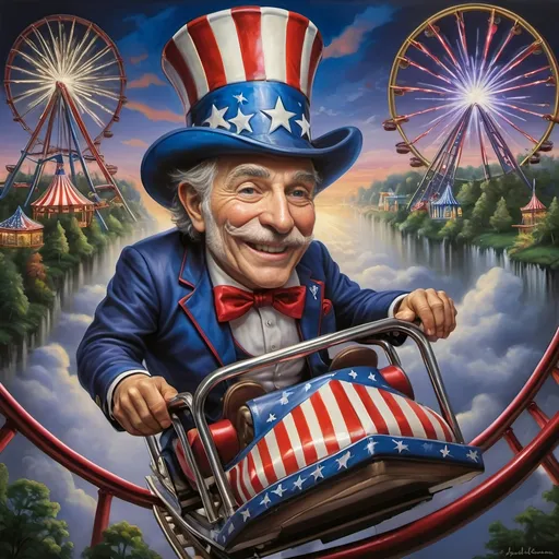 Prompt: A masterpiece painting by A Seven Wonders Art Glass Studio, (vibrant colors), depicting a man in a (patriotic hat) riding the (Freedom rollercoaster) in D.C.’s (new amusement park) named Freedom Park. The background features (dynamic amusement park rides), (lush greenery), and the spirit of (freedom) runs throughout. A symbolic homage to Nuit, with a (breathtaking sky) above, featuring (warm light) detailing and a victorious atmosphere, encapsulated in (ultra-detailed) art.