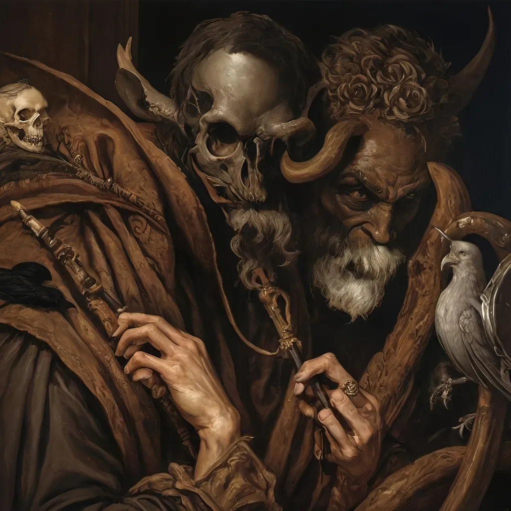 Prompt: (Renaissance still life) (man magician satyr), (dark color scheme), (elegant pose), intricately detailed horns, holding a cane topped with a (skull orb), a menacing (skull orc) at his side, a (crow) gracefully perched on his shoulder, rich textures, captivating shadows, high contrast highlights, evoking a sense of mystical allure, enhanced with (ultra-detailed) features, atmospheric depth and somber elegance.