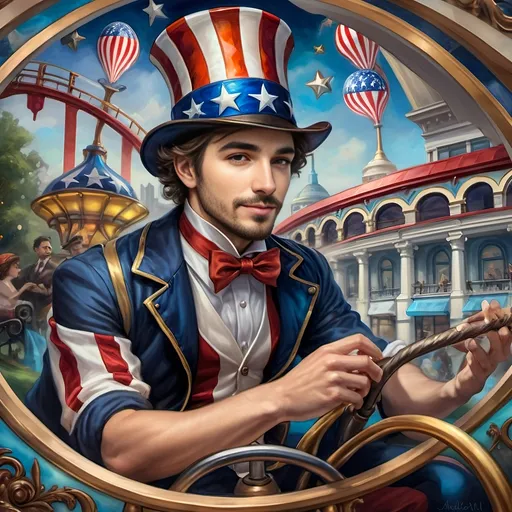 Prompt: (A Seven Wonders Art Glass Studio masterpiece) painting of a man wearing a patriotic hat, (thrilling pose) riding the Freedom rollercoaster, (vibrant colors), scenic background of Freedom Park in D.C., (dynamic movement), celebrating freedom, eternal spark of joy, whimsical ambiance, soft warm lighting, highly detailed, clarity, engaging and joyful atmosphere, surrounded by delighted visitors, landmarks in the distance.