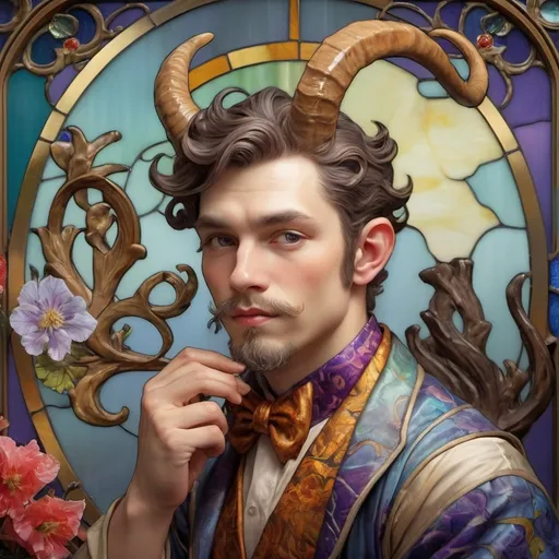 Prompt: (Art Nouveau style) Satyr man, detailed (stained glass and porcelain horns), vibrant colors, intricate (Japanese influence), still-life portrait, lush floral background, artistic elegance, ethereal atmosphere, emphasis on colorful patterns, high contrast, (ultra-detailed), mesmerizing composition, harmonious color palette, luxurious textures, enchanting ambiance, captivating yet serene vibe, artistic masterpiece.