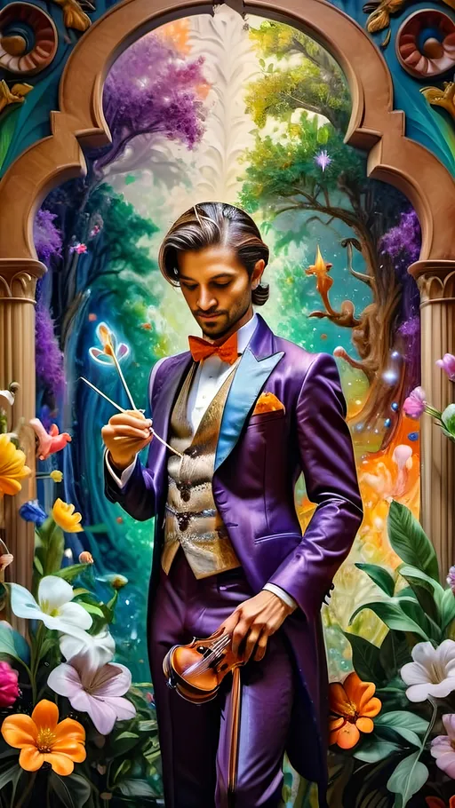 Prompt: Art Deco style, (vibrant color scheme), Renaissance oil painting, (ultra-detailed), (character portrait) of a Magician transforming into a Satyr, lush Arcadia setting, surrounded by abundant lush greenery, delicate flowers, soft sunlight filtering through trees, dreamlike atmosphere, enchanting and whimsical vibe, intricate details in expression and pose, capturing magical transformation moment.