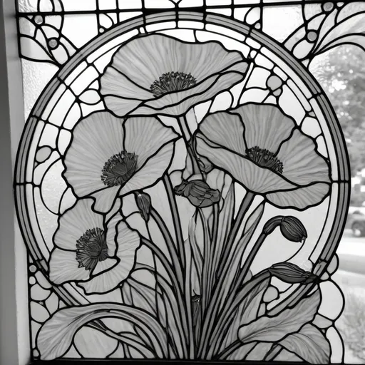 Prompt: A Seven Wonders Art Glass Studio Art Nouveau designed stained glass window with poppy flowers and a line drawing of flowers in the middle, Alfonse Mucha, art nouveau, line art, lineart.  (Honoring the Aeon of Horus).