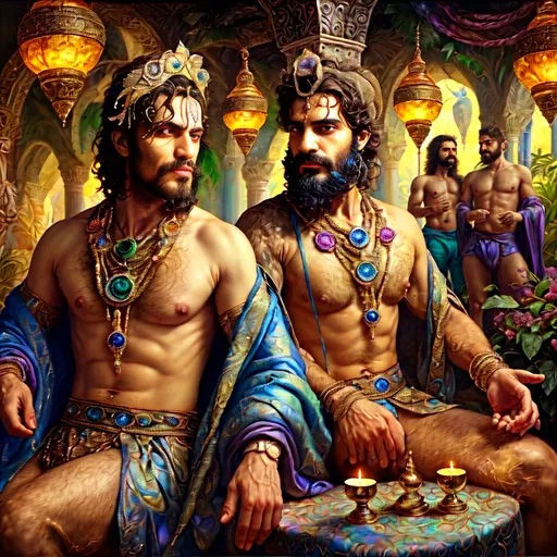 Prompt: A Seven Wonders Art Glass Studio commissioned (oil portrait) of two hairy chested Persian magician lovers with their (wish-granting Genie), celebrating Nuit amidst a lush backdrop of a Persian gay public bathhouse. The scene is infused with (bold, bright colors) and captures the essence of the Renaissance in Pan’s Arcadia. Vibrant and textured, featuring intricate details that evoke intimacy and fantasy, creating an ethereal ambiance. (Ultra-detailed) and stunning composition.