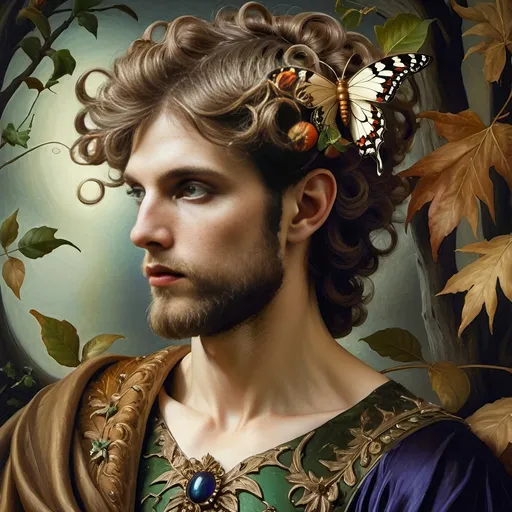 Prompt: (Honoring Nuit, Autumn Equinox), (Renaissance style), woman depicted as nature, flowing dress, butterfly in hair, rich and dark color palette, lush foliage backdrop, mood of serenity and mystery, intricate details in hair and dress, soft chiaroscuro lighting, evocative atmosphere, ultra-detailed, masterful composition, capturing the essence of autumn transition.