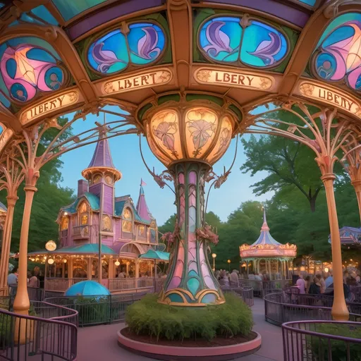 Prompt: (Art Nouveau style), (pastel color scheme), magical mysterious enchanting amusement park titled “Liberty Park” in D.C., whimsical atmosphere, intricate fine details, vibrant rides themed around Americana, stunning stained glass roller coaster, enchanting magician as rider, ethereal lighting, lush greenery, beautifully crafted structures, dreamy and inviting ambiance, 4K, ultra-detailed.