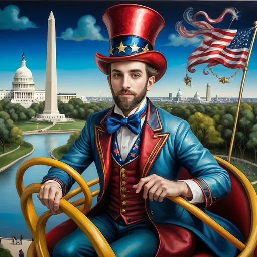 Prompt: A (masterful) Seven Wonders Art Glass Studio painting, depicting a (charming) magician man in a (patriotic) top hat, joyfully riding a rollercoaster in Liberty Park, featuring vibrant colors and whimsical elements, with a prominent Washington Monument in the background, intricately integrated with the phrase (accurately spelled text "Yankee Doodle"), all while encapsulating the theme of (honoring Nuit and the Aeon of Horus), ultra-detailed, colorful and dynamic atmosphere.